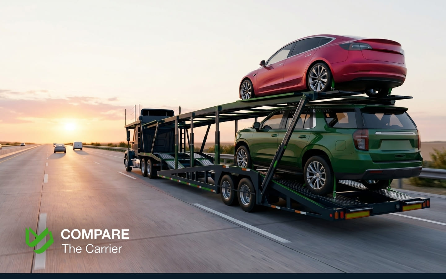 A professional auto transport carrier hauling Another State with Two Cars