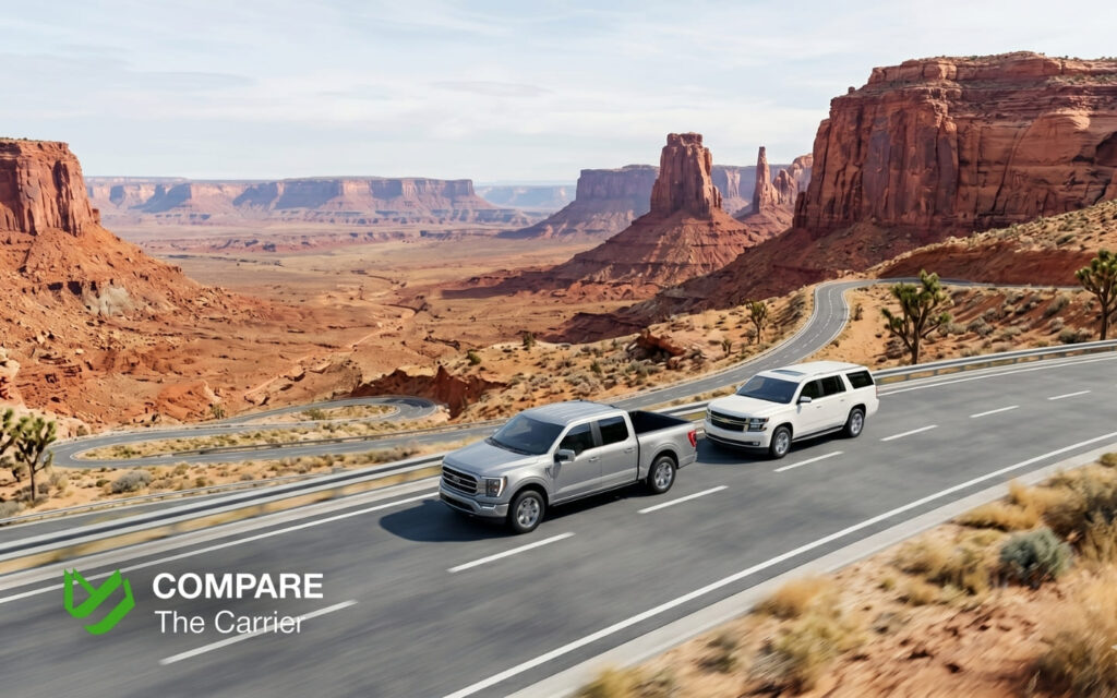 Two American SUVs driving in a convoy on a winding highway, illustrating the DIY driving strategy for moving.