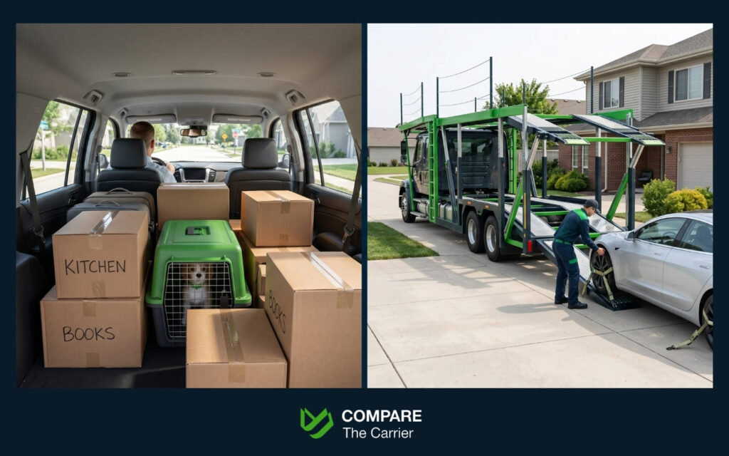 Comparison of one car being driven and another being loaded onto a transport truck.