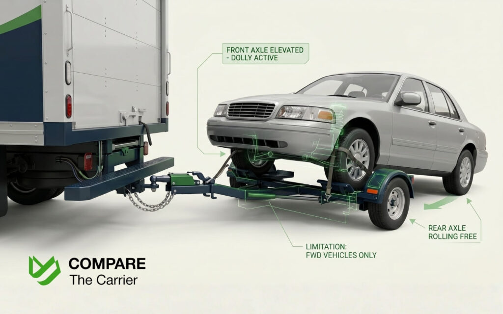 Technical illustration of a front-wheel-drive vehicle mounted on a tow dolly attached to a moving truck, with front axle elevated and rear axle rolling free, highlighting the FWD-only limitation. 