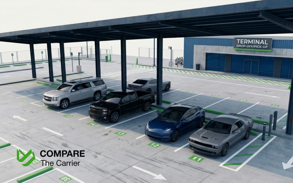 A clean, professional auto transport terminal where vehicles are dropped off for shipping.