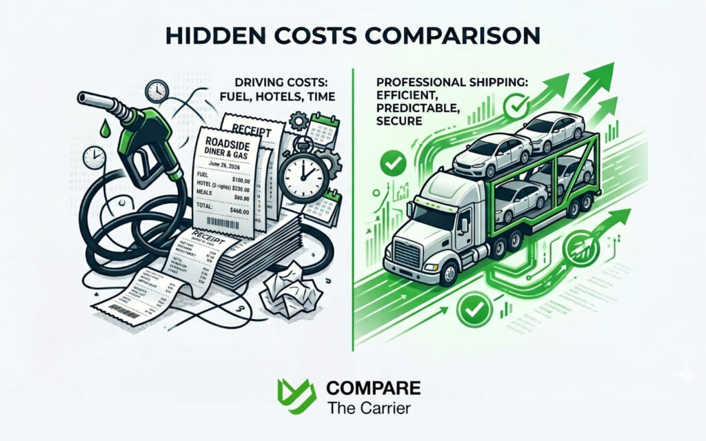 Conceptual illustration comparing the costs of fuel and hotels versus professional car shipping