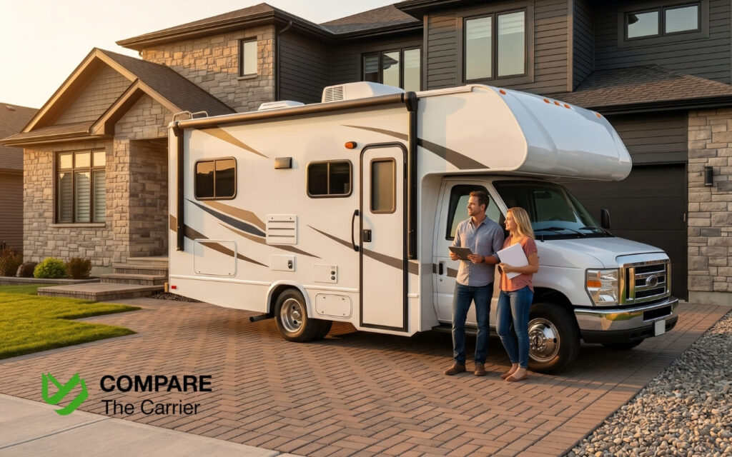 Drive or Ship Your RV When Relocating (3) (1) A high-quality real photograph of an RV successfully delivered to a suburban home during golden hour, showing satisfied owners after professional transport.