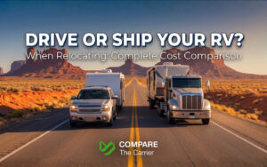 Professional banner comparing DIY RV towing versus professional RV shipping on a US highway, featuring a green balance scale icon.