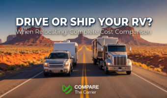 Professional banner comparing DIY RV towing versus professional RV shipping on a US highway, featuring a green balance scale icon.