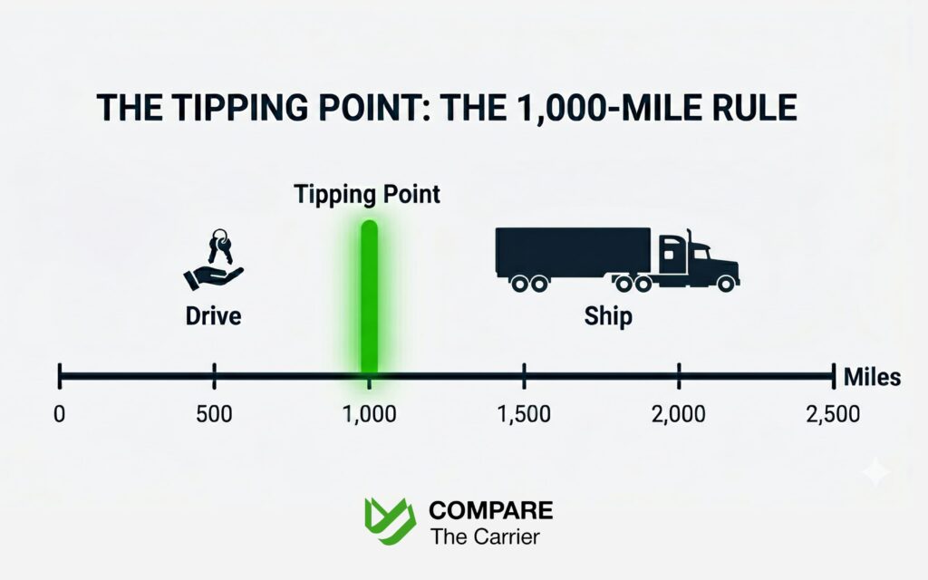 Drive or Ship Your RV When Relocating (5) Distance-based decision chart showing the 1,000-mile tipping point where shipping an RV becomes more economical than driving.