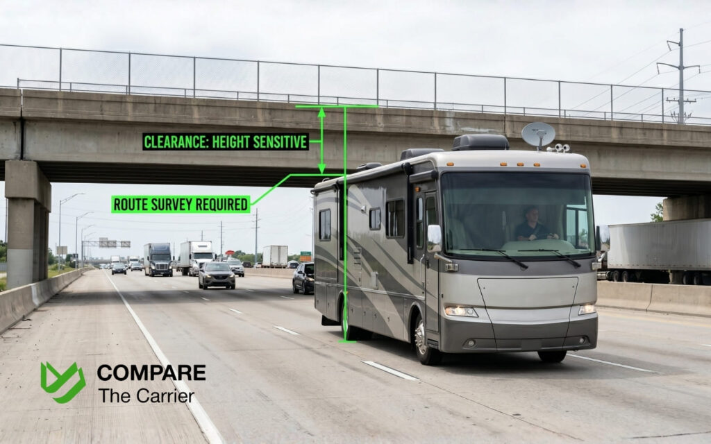 Drive or Ship Your RV When Relocating (6) A Class A motorhome approaching a low-clearance bridge with a stylized green laser measurement representing route survey requirements for oversized RVs.