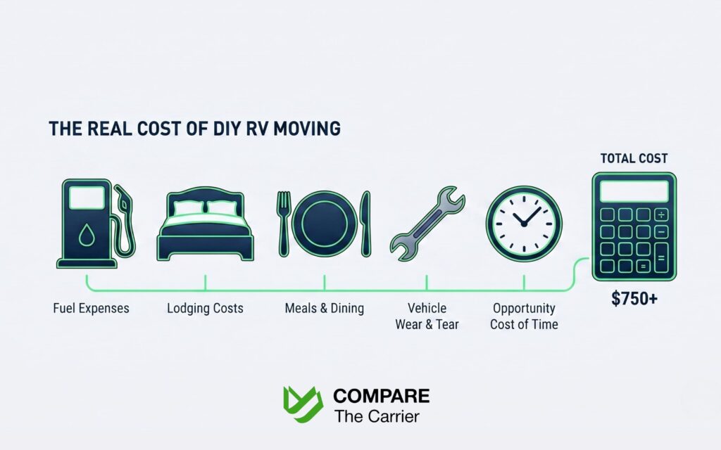 Drive or Ship Your RV When Relocating (9) Iconographic representation of DIY RV moving costs including fuel, lodging, meals, vehicle wear, and time opportunity costs.