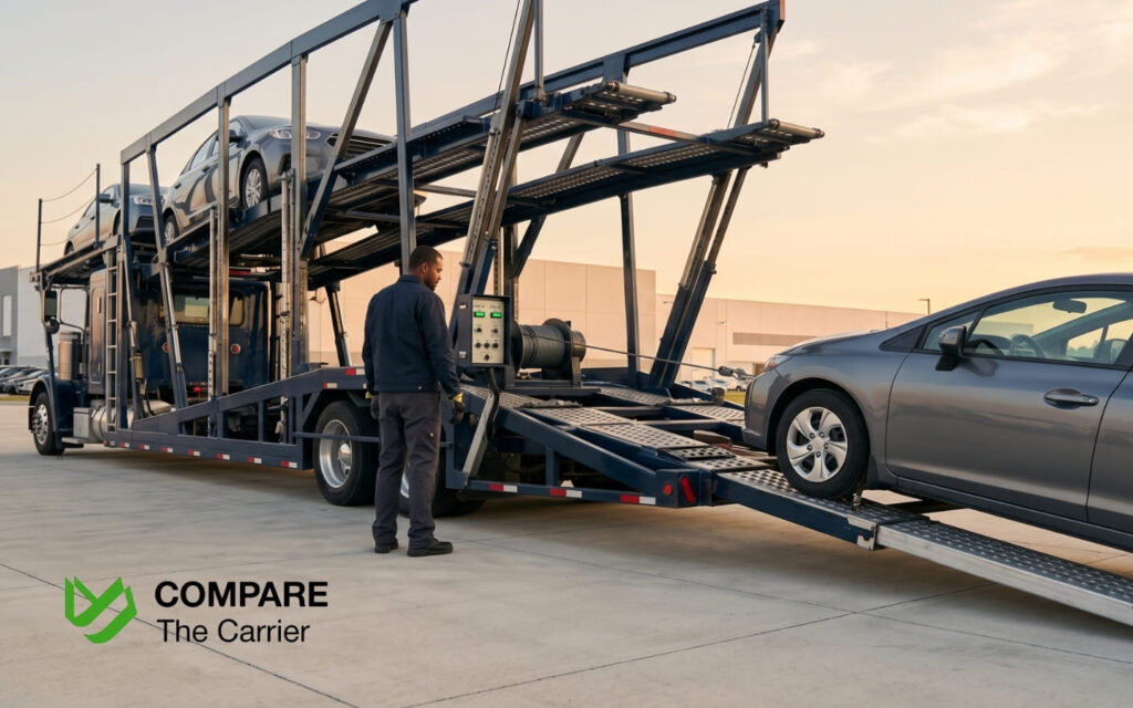 A professional auto transport carrier loading a purchased vehicle from a Copart yard onto a trailer.