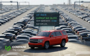 Wide-angle view of a large auto auction yard filled with rows of vehicles under bright daylight, with digital HUD overlays showing live bidding data including lot numbers and current bid increments.