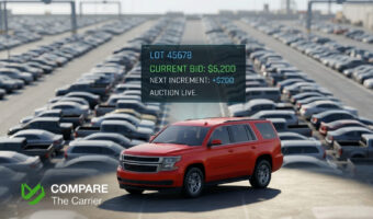Wide-angle view of a large auto auction yard filled with rows of vehicles under bright daylight, with digital HUD overlays showing live bidding data including lot numbers and current bid increments.