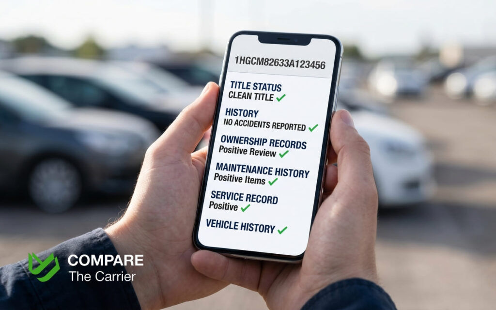 Hands holding a smartphone performing a VIN history check on a vehicle at an auction yard/