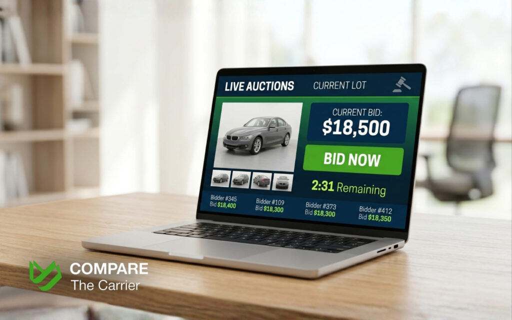A laptop showing the live bidding interface during an online vehicle auction.