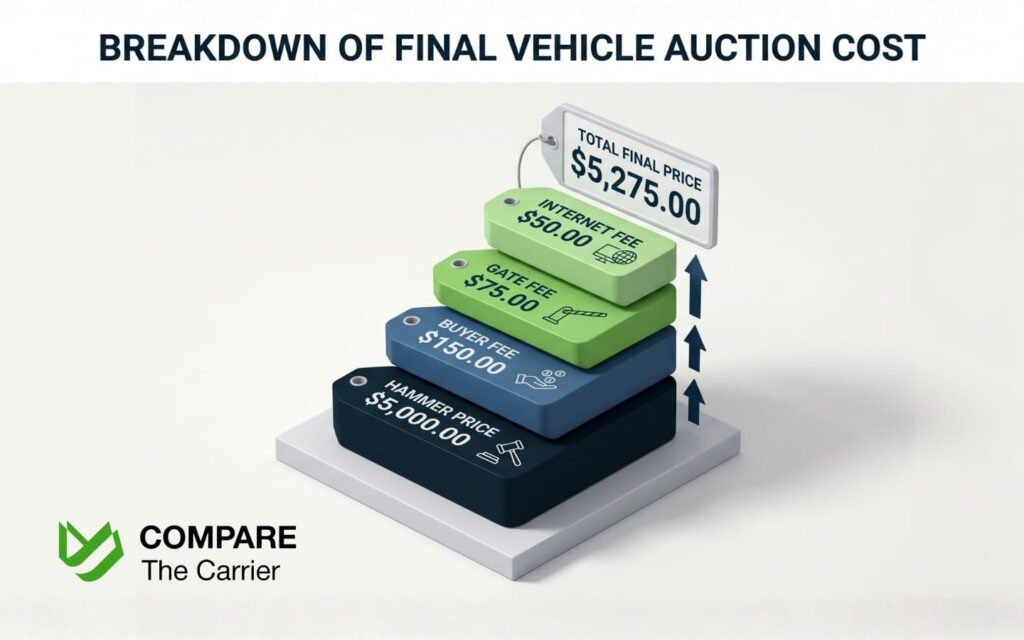  Infographic showing the breakdown of the final vehicle price including auction and gate fees.