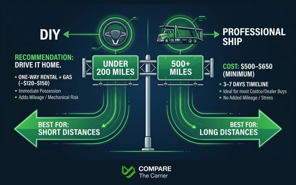 Decision guide infographic showing when to drive versus ship a vehicle based on distance, with under 200 miles recommended for DIY transport and 500-plus miles recommended for professional auto shipping services.