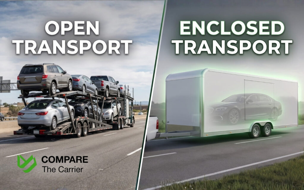 Side-by-side photorealistic comparison of open car carrier transport and enclosed vehicle transport trailer, showing the difference in exposure and protection level for shipped vehicles.