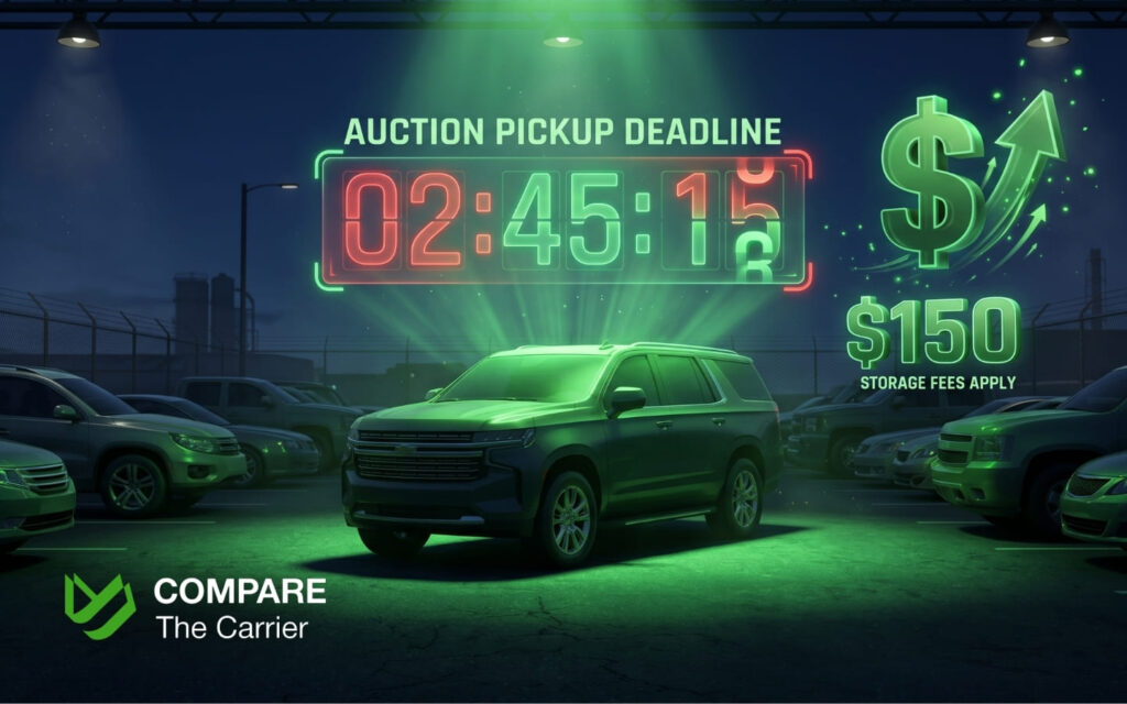 Dramatic auction yard scene with a holographic countdown timer above an unbranded SUV, illustrating the urgency of pickup deadlines and growing storage fees after winning a vehicle at auction.