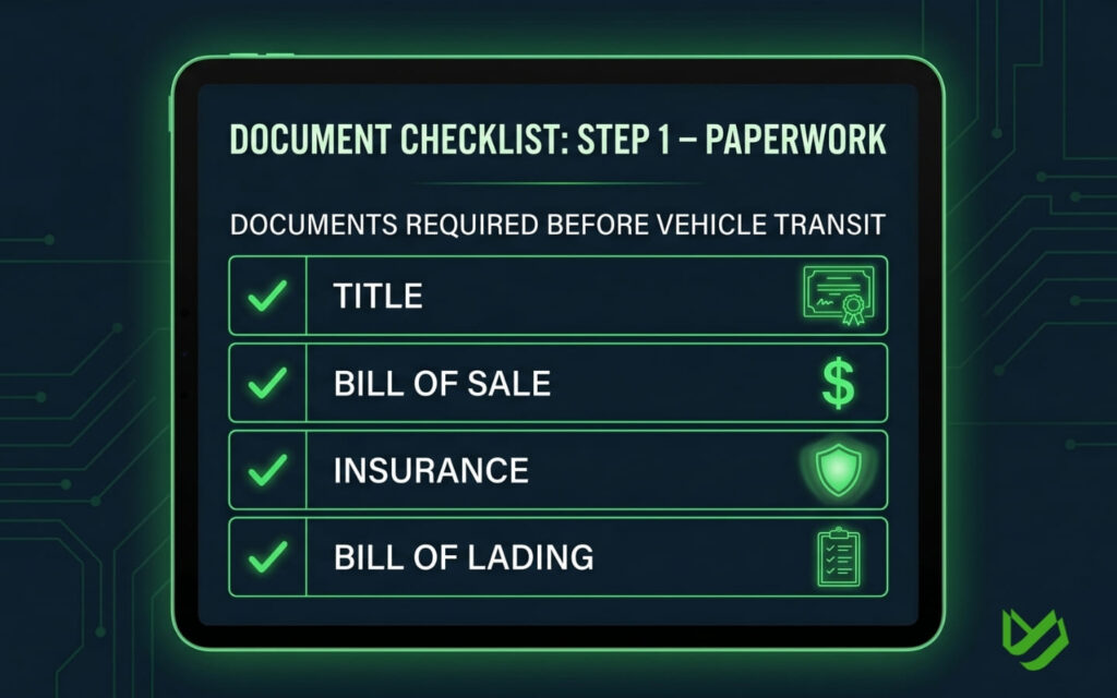 Document checklist infographic showing four required paperwork items before vehicle transit — title, bill of sale, insurance, and bill of lading — each marked with a green checkmark.