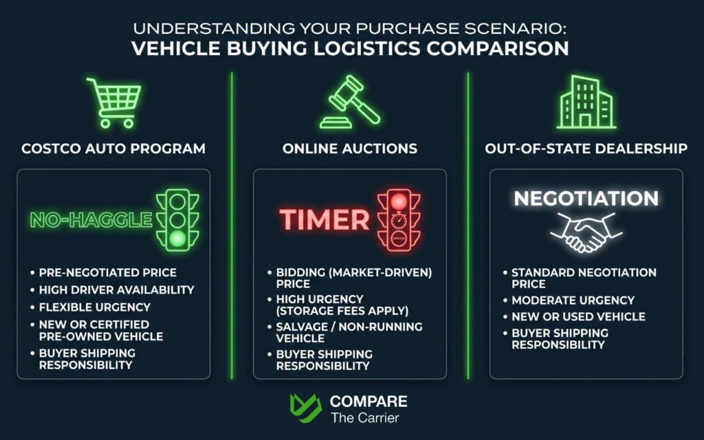 Comparison infographic showing three vehicle purchase scenarios — retail auto program, online auction, and out-of-state dealership — with key logistics differences including pricing model, urgency level, and shipping responsibility for each option.