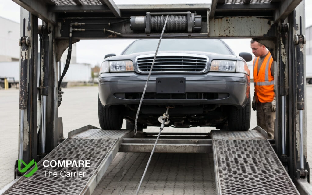 Photorealistic close-up of a non-running vehicle being winched onto an open car carrier trailer using a steel cable, illustrating the additional winch fee service for inoperable vehicles during auto transport.