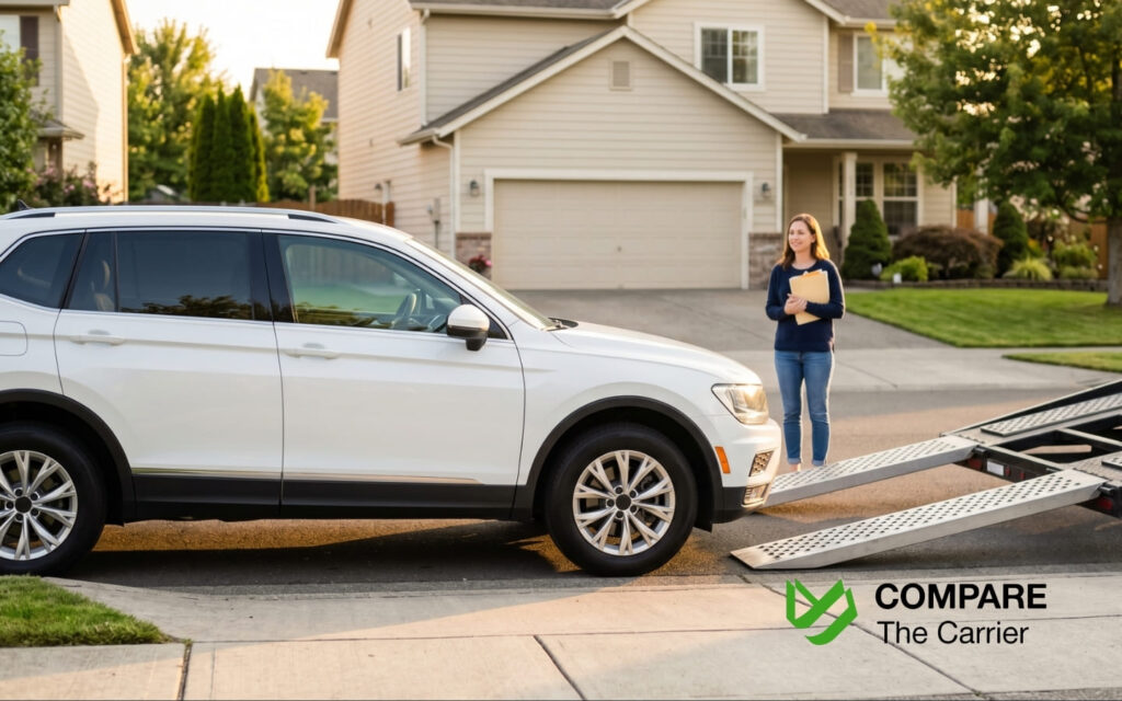 Photorealistic golden hour image of a clean white SUV being unloaded from a car carrier trailer into a suburban driveway, with a satisfied homeowner in the background holding delivery documents, representing successful vehicle shipping completion.