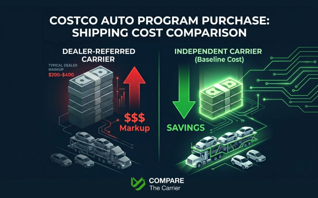 Cost comparison infographic showing the price difference between using a dealer-referred carrier with added markup versus booking an independent auto transport carrier directly for lower shipping costs.
