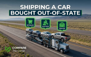 Photorealistic banner showing an unbranded car carrier truck on a US interstate highway, representing vehicle shipping from out-of-state retailers, auctions, and dealerships.