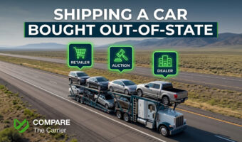 Photorealistic banner showing an unbranded car carrier truck on a US interstate highway, representing vehicle shipping from out-of-state retailers, auctions, and dealerships.