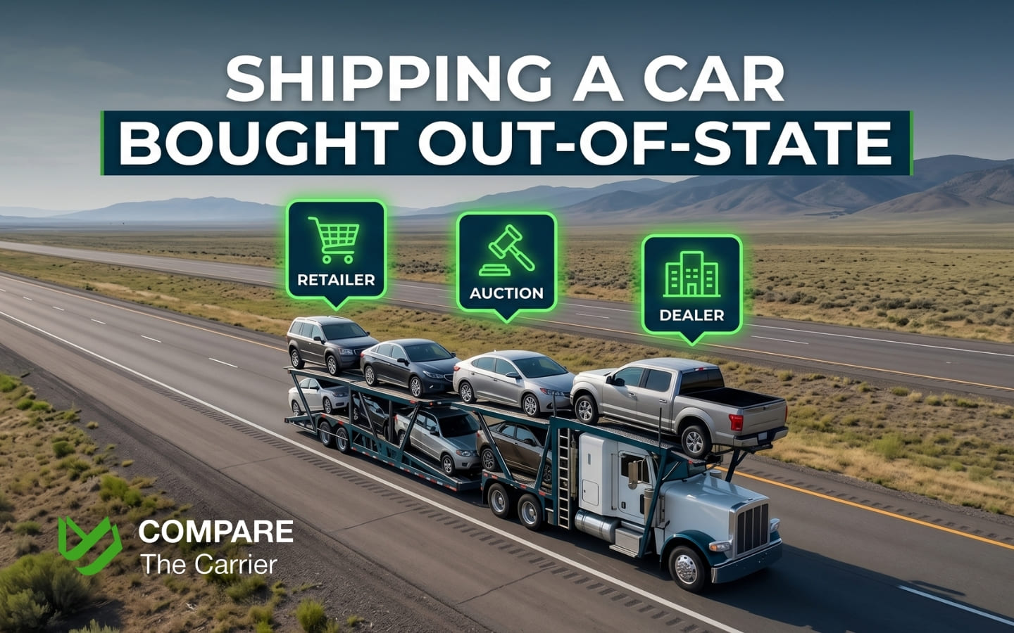 Photorealistic banner showing an unbranded car carrier truck on a US interstate highway, representing vehicle shipping from out-of-state retailers, auctions, and dealerships.
