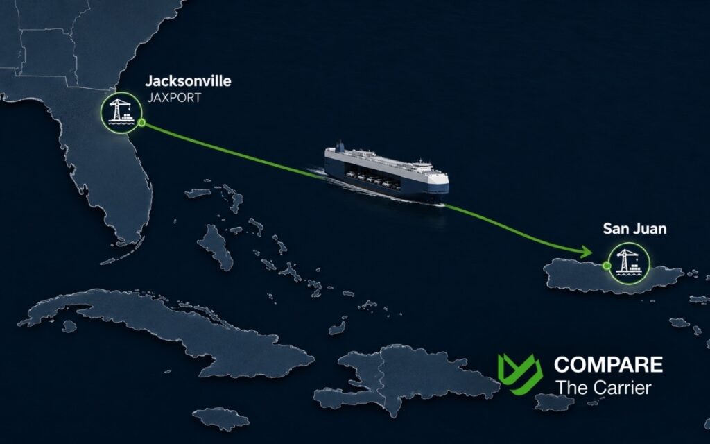 CTC B2C - Blog Article Illustrations - 283 Florida to Puerto Rico vehicle shipping route map from Jacksonville to San Juan