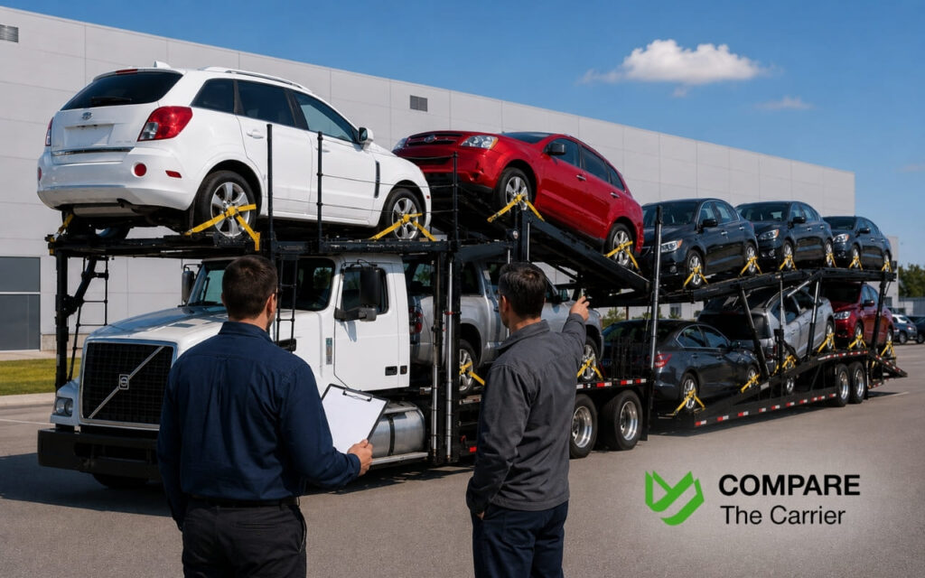 Auto transport specialists reviewing auction vehicle paperwork.
