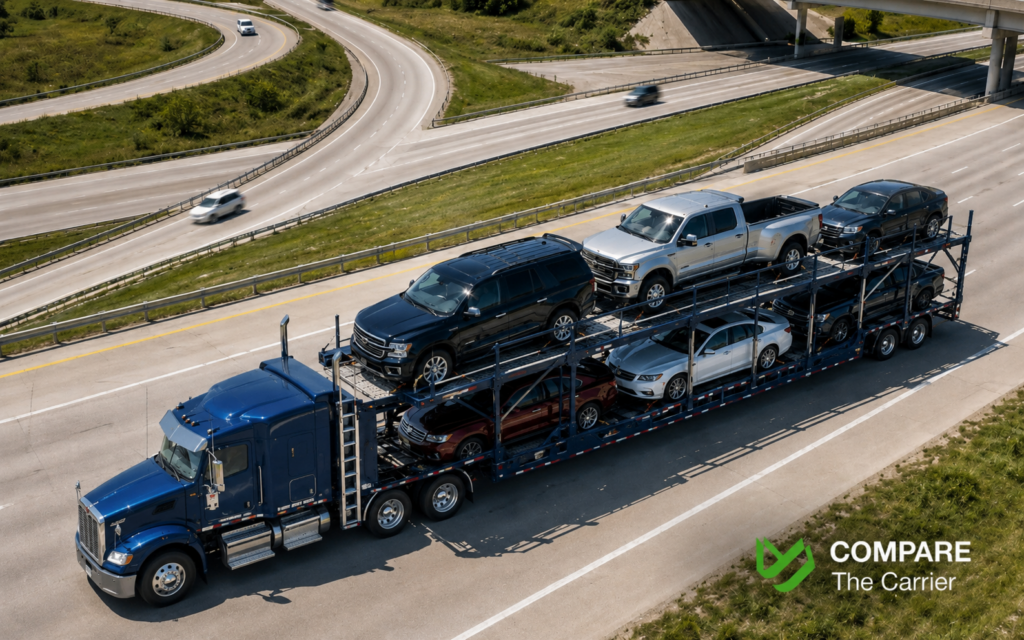 Auto transport carrier navigating a highway interchange loaded with American trucks.