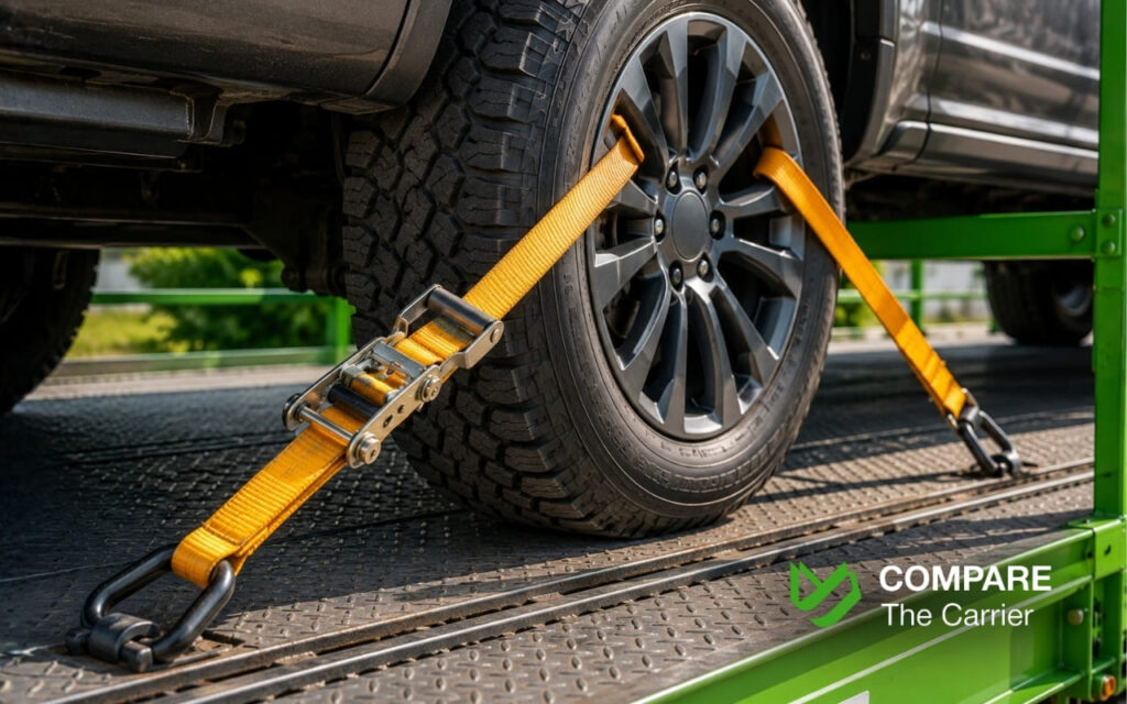 Secure heavy-duty straps holding an American pickup truck on a transport trailer.
