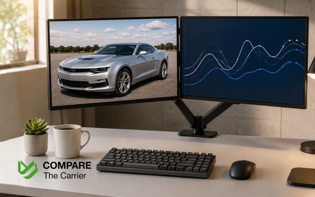 Multi-monitor desk setup used for live auto auction bidding.