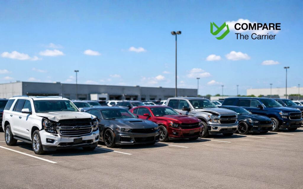 Row of damaged American muscle cars and SUVs at a salvage auction lot.