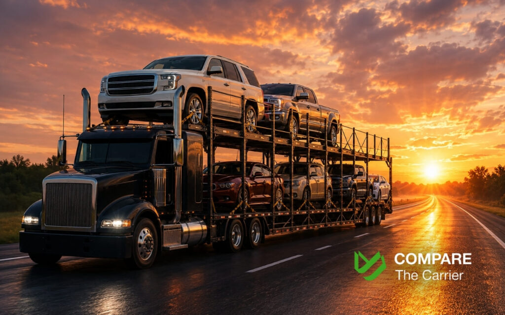 Premium auto transport carrier fully loaded with American vehicles driving into the sunrise.
