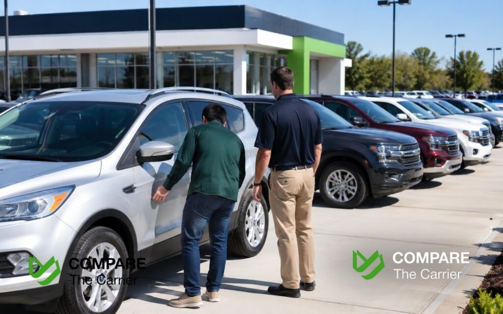 Customer inspecting a used vehicle at a large American car dealership before purchase.