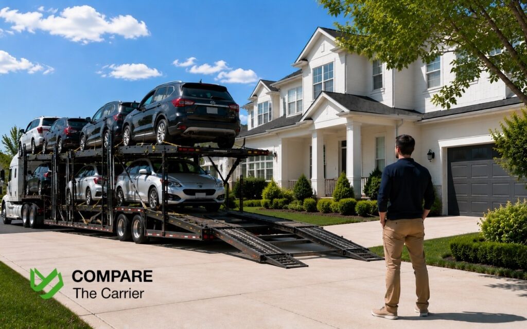 Vehicle being delivered to a customer's home after completing an online purchase.