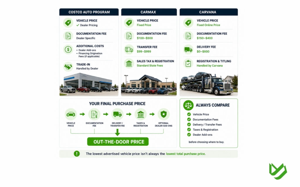 Comparison of additional ownership costs when buying through Costco Auto Program, CarMax, or Carvana.