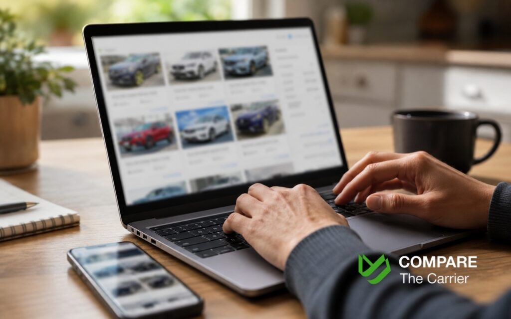 Checking Carvana delivery fee before checkout — comparing total cost on laptop 