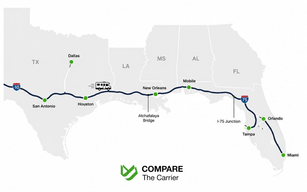 RV Shipping from Texas to Florida Snowbird Season Costs and Timing (3) Map showing I-10 RV transport route from Texas to Florida highlighting key stops.