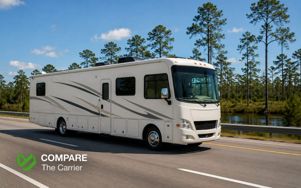 RV Shipping from Texas to Florida Snowbird Season Costs and Timing (4) Professional driveaway driver operating Class A motorhome on I-10 highway during Texas to Florida transport.
