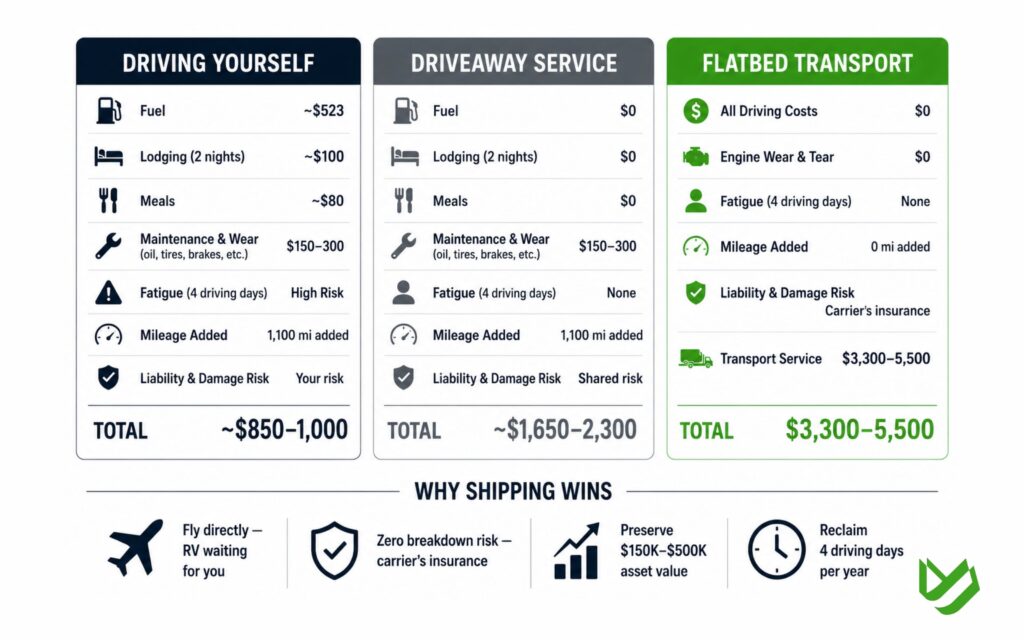 RV Shipping from Texas to Florida Snowbird Season Costs and Timing (5) Cost comparison chart showing driving versus shipping a Class A motorhome from Texas to Florida.