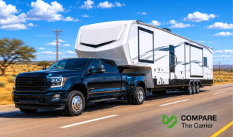 RV transport truck carrying motorhomes from Texas to Florida on open interstate highway.