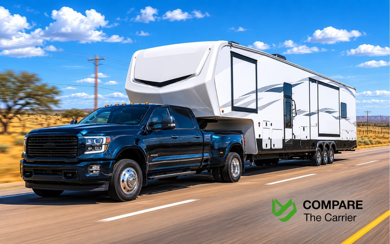RV transport truck carrying motorhomes from Texas to Florida on open interstate highway.