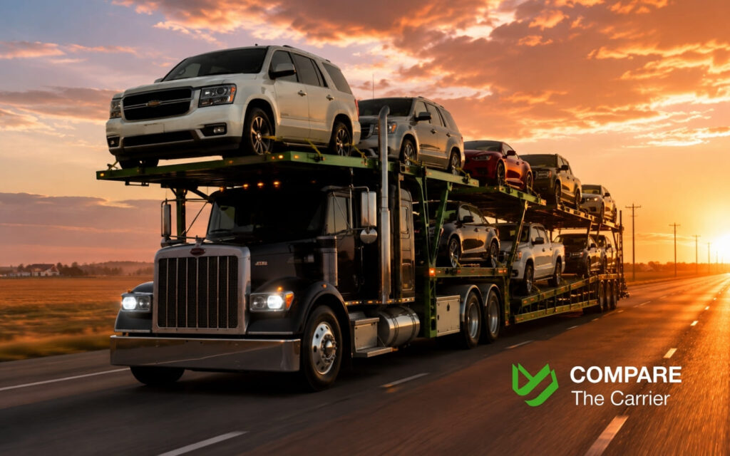 What Happens to Your Car During State-to-State Transport (2) Professional auto transport carrier fully loaded with American vehicles driving on open interstate highway.