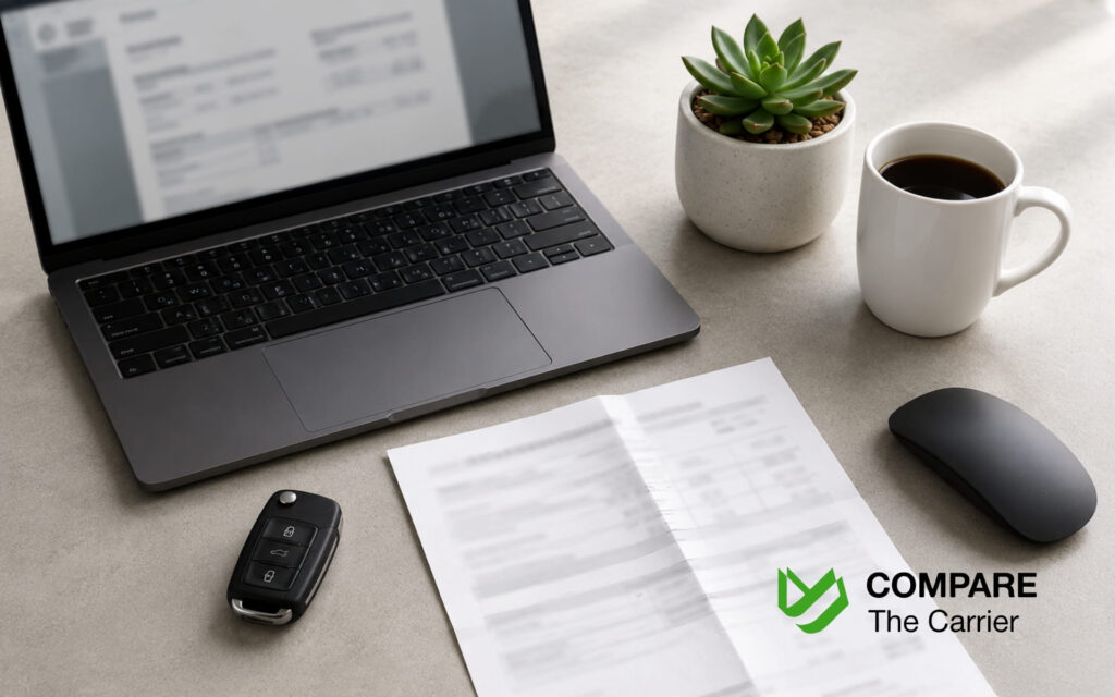 What Happens to Your Car During State-to-State Transport (3) Modern workspace with auto transport documents and vehicle key fob illustrating transport insurance paperwork.