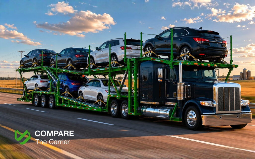 What Happens to Your Car During State-to-State Transport (4) Loaded open car hauler truck transporting secured American vehicles on an interstate highway.