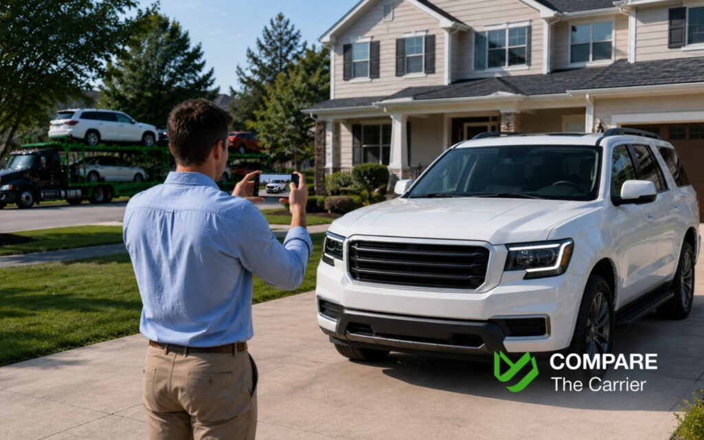 What Happens to Your Car During State-to-State Transport (5) Car owner inspecting delivered vehicle condition against pre-transport photos at suburban home.