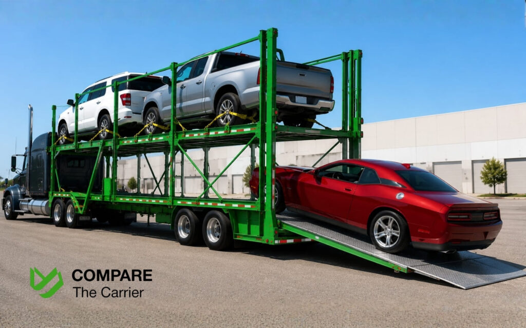 What Happens to Your Car During State-to-State Transport (6) Red American muscle car being loaded onto an open car hauler transport trailer.